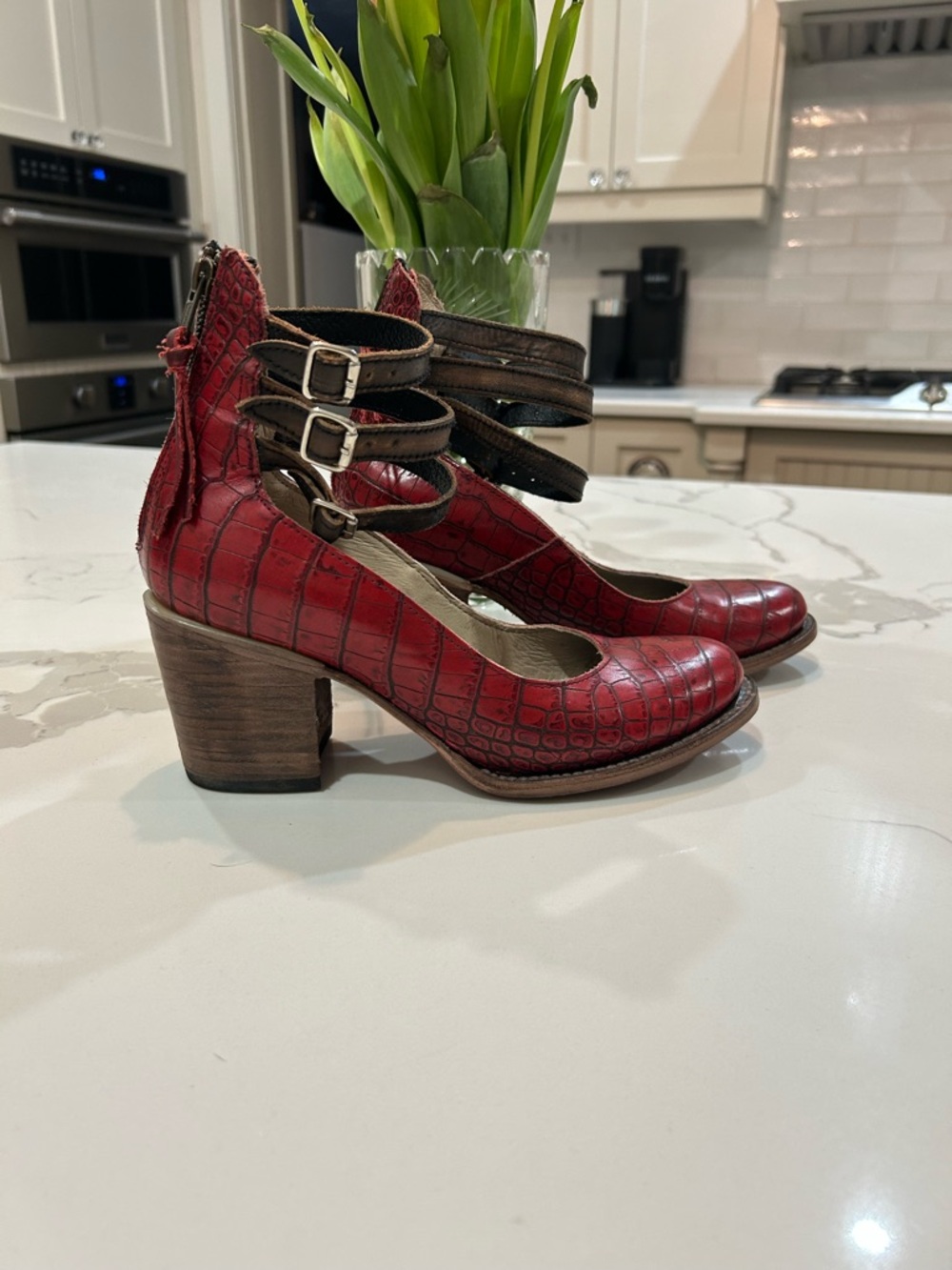 freebird Red Croc-Embossed Leather Multi-Strap Block Heels